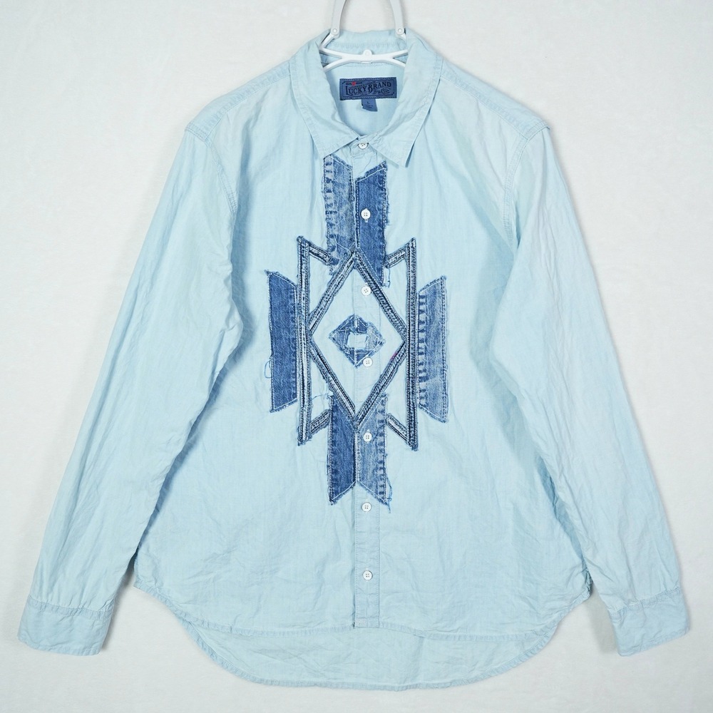Lucky Brand Mens Large Blue Denim Patchwork Geometric Button Down Shirt Cowboy‎